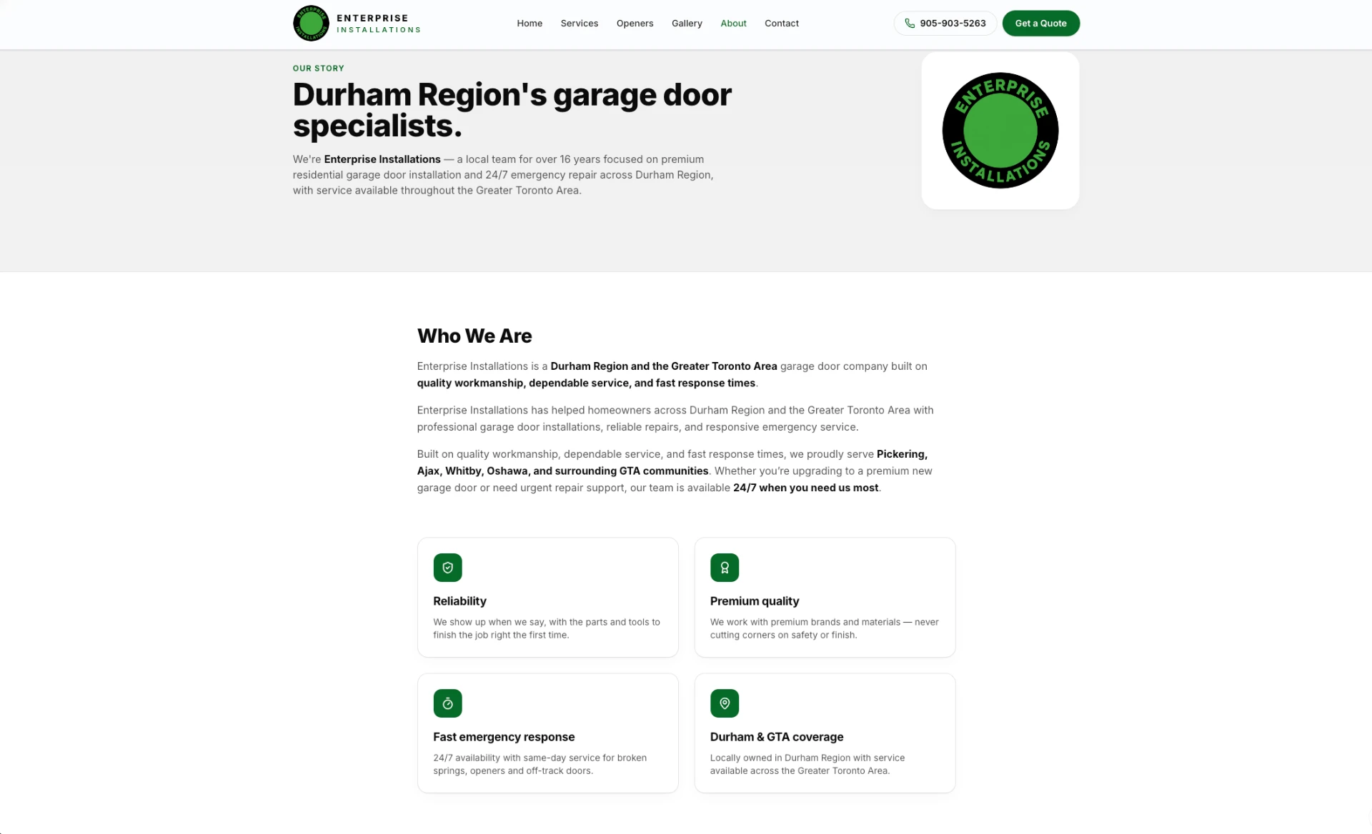 Enterprise Installations About page describing company history and service area