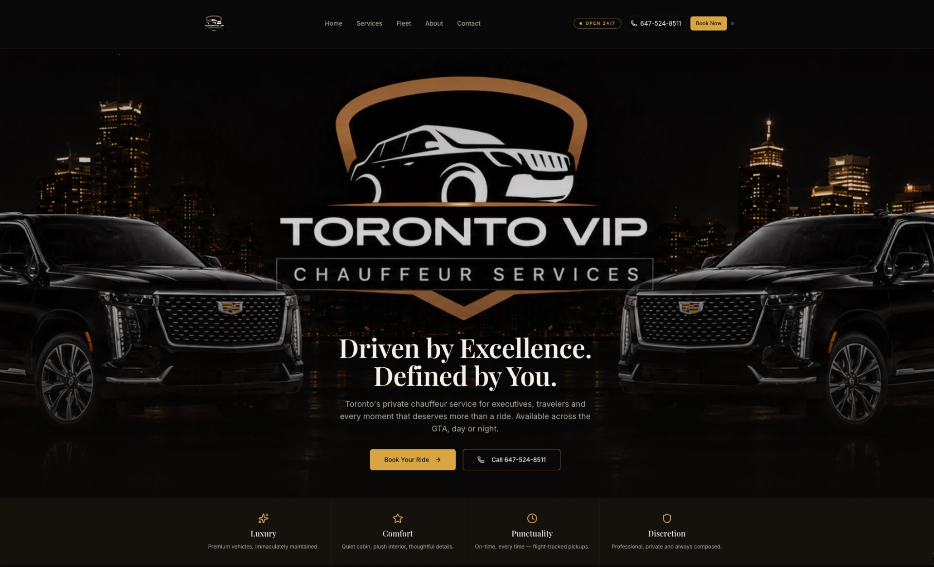 Toronto VIP Chauffeur Services homepage with black SUVs and city skyline