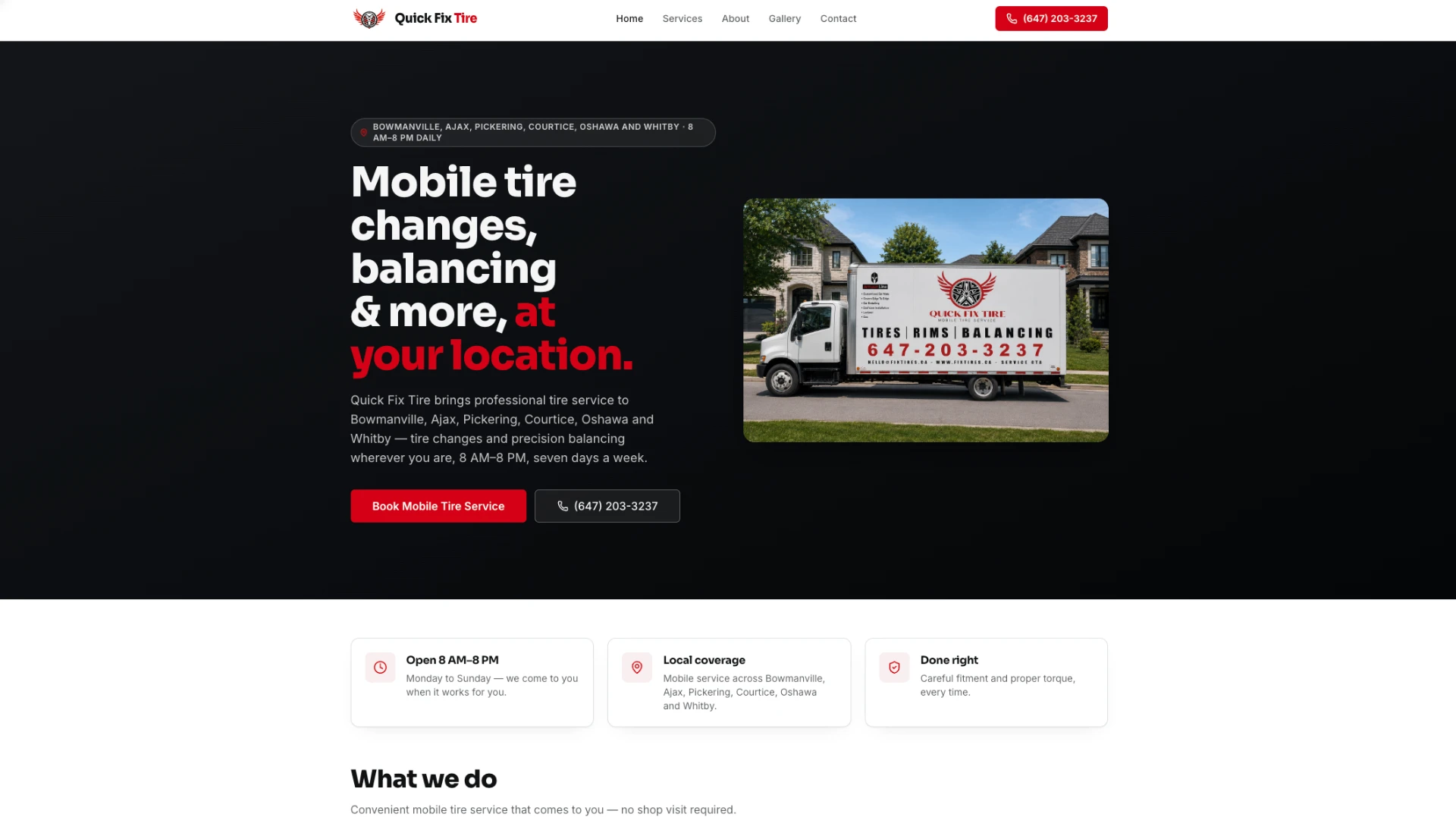 Quick Fix Tire homepage with mobile tire service truck and booking buttons