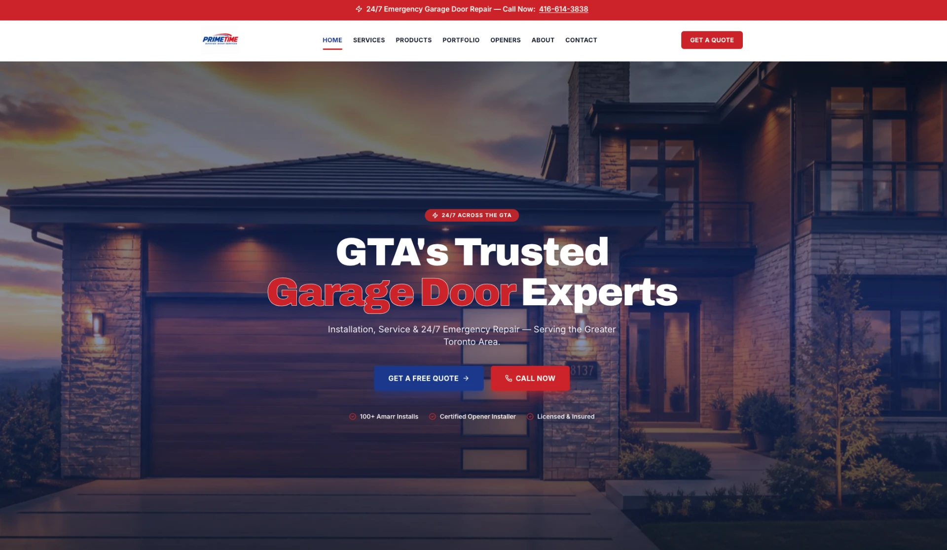 Prime Time Garage Door Services homepage with 'GTA's Trusted Garage Door Experts' headline